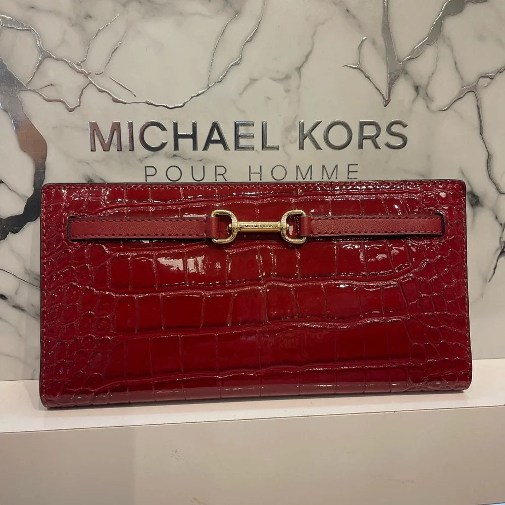 MICHAEL KORS Carson Large Snap Crocodile Embossed Bifold Wallet Cherry  NWT